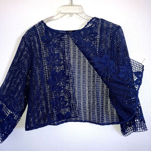 ILE NEW YORK  Dark Blue Lace Embroidered Knit Cardigan Shrug Bolero Over Top - Picture 2 of 4